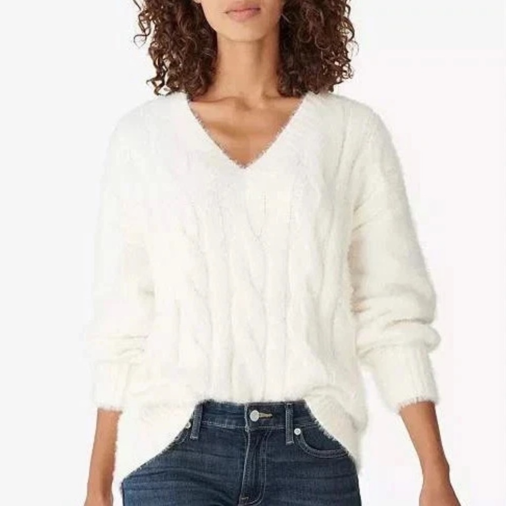 Lucky Brand Cable-Knit Eyelash V-neck Chunky Pullover Sweater Nylon, Ivory, XL